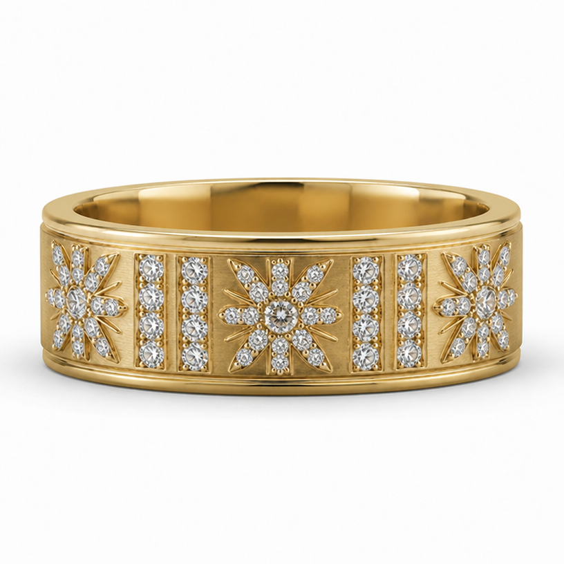 Put four diamonds on each access point of the star in an X pattern and give me five columns of three diamonds
edit the attached jewelry design with these instructions: Put four diamonds on each access point of the star in an X pattern and give me five columns of three diamonds. keep it photorealistic, just the design no text
