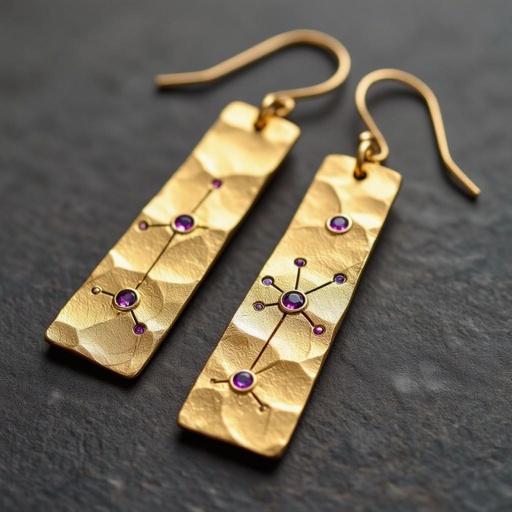 Серьги длинные на цепочках матовое золото мятое. Символ схематично созвездие. Маленькие фиолетовые камушки