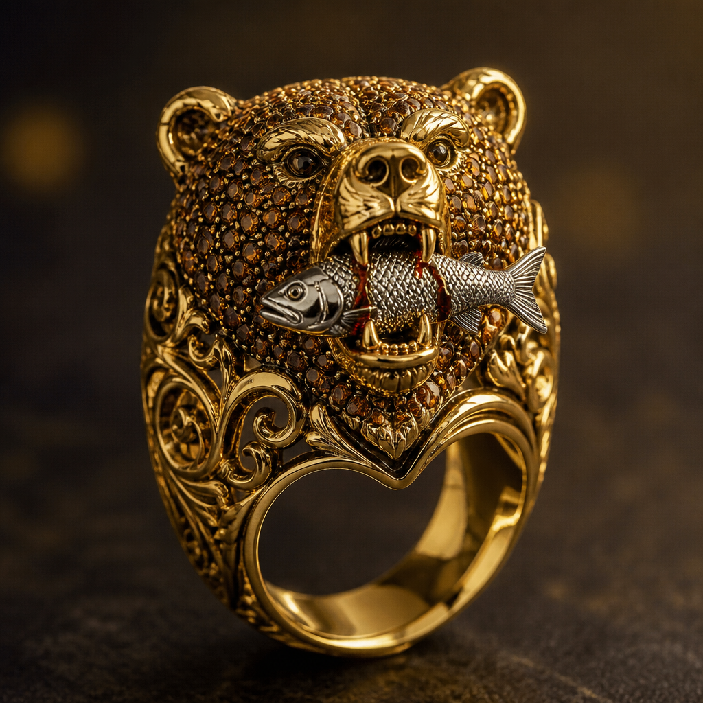 A luxury women's ring made of gold suitable for daily wear, highly ornate, intricate and elaborate, richly detailed. uma dedeira com um formato diferenciado e único
em cima da dedeira uma cabeça de urso com a cabeça pra cima com expressão brava cravejado com pedras marrom, e na dele boca um peixe de prata com algumas gotinhas vermelhas
photorealistic jewelry design, A luxury women's ring made of gold suitable for daily wear, highly ornate, intricate and elaborate, richly detailed. uma dedeira com um formato diferenciado e único
em cima da dedeira uma cabeça de urso com a cabeça pra cima com expressão brava cravejado com pedras marrom, e na dele boca um peixe de prata com algumas gotinhas vermelhas, luxury style, just the design no text