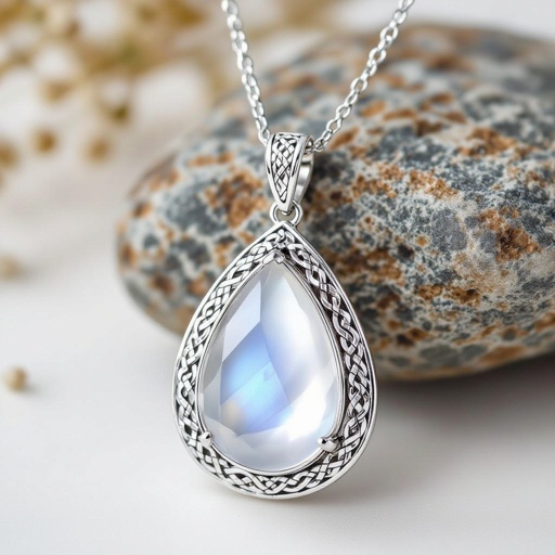 A  50 carat drop-cut IF smooth moonstone gemstone necklace with white gold lining around it 