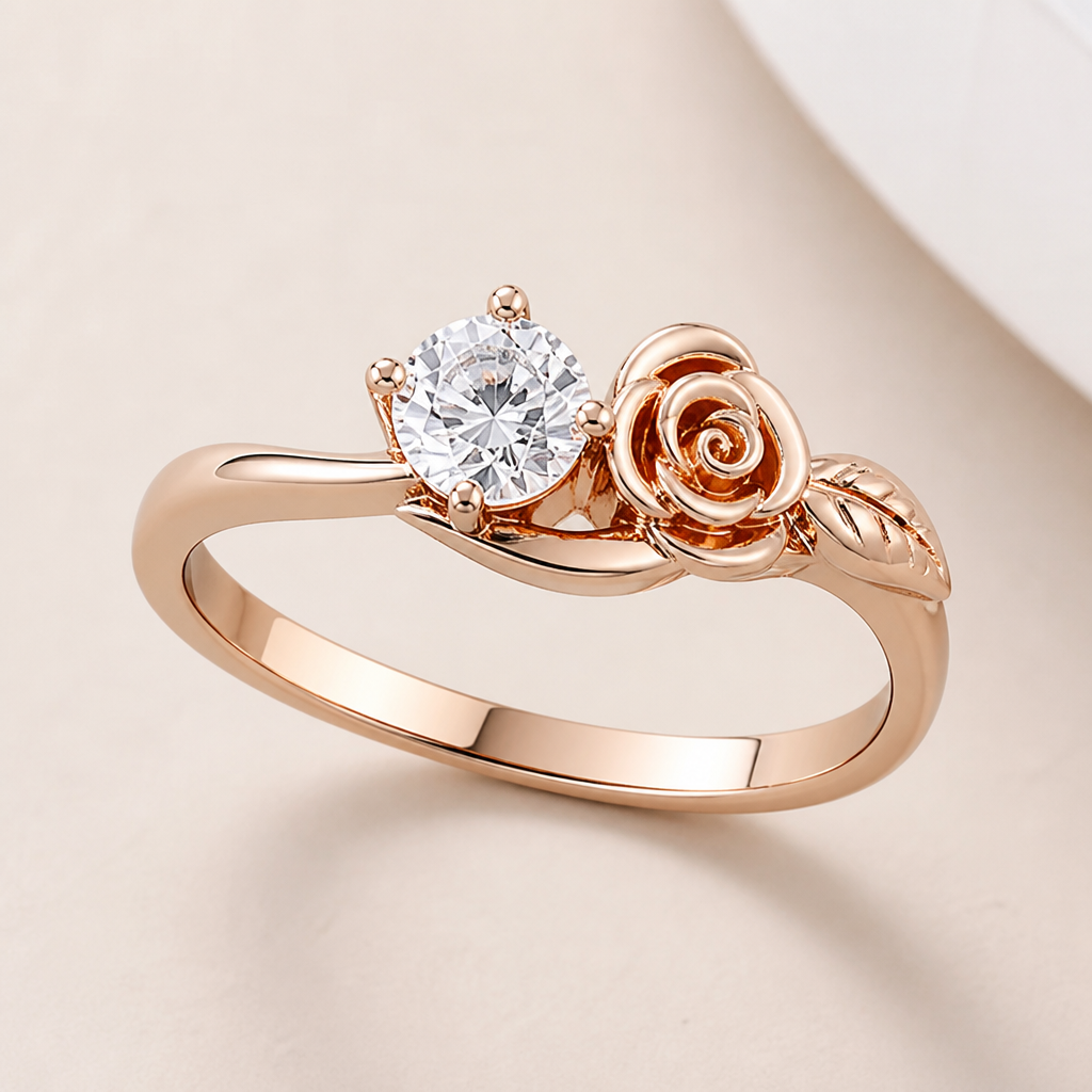 A women's ring. delicate rose with solitare and M engraved inside backside of ring
photorealistic jewelry design, A women's ring. delicate rose with solitare and M engraved inside backside of ring, modern style, just the design no text