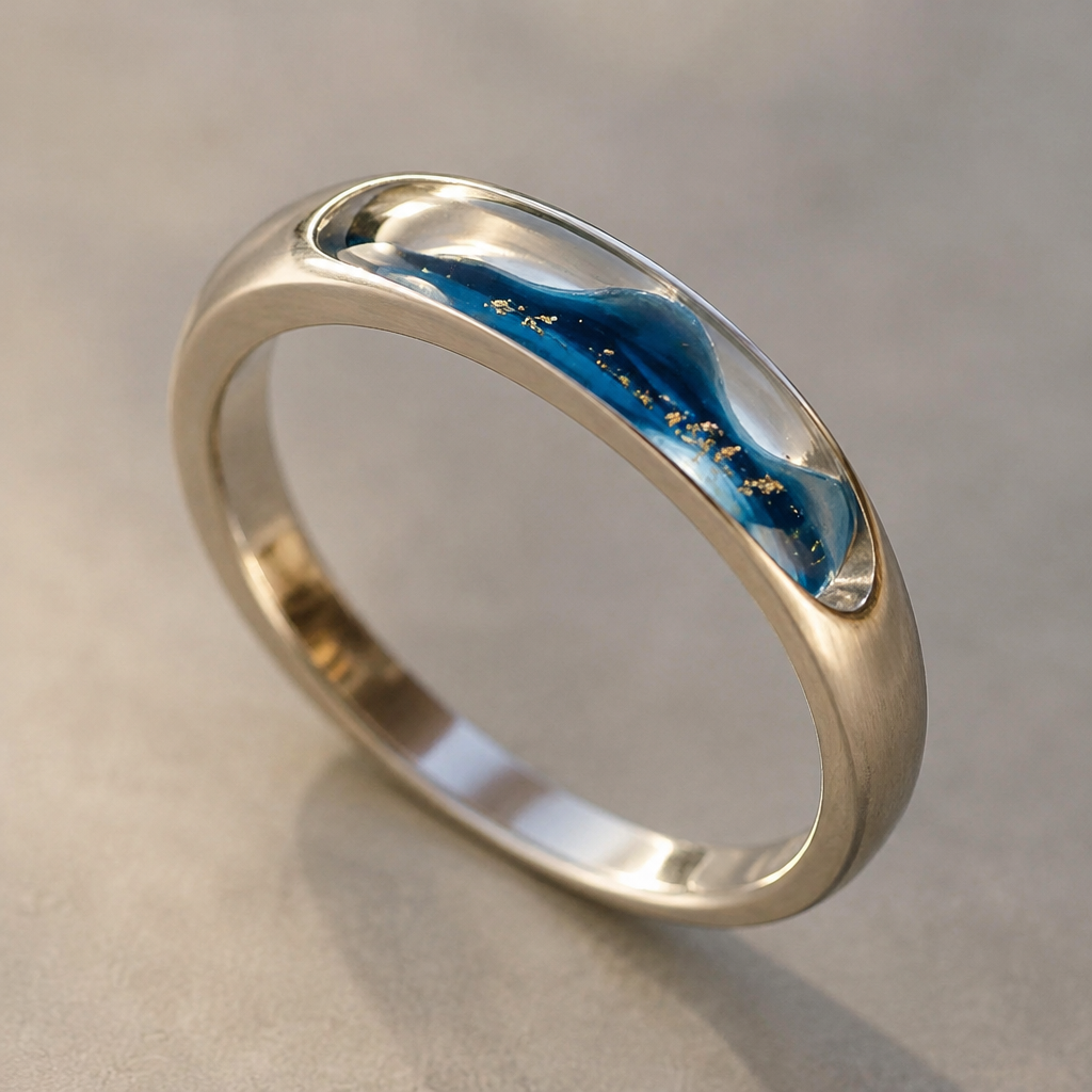 A women's ring. "Tidal Ring": a ring that holds a tiny moving tide
A thin band with a sealed, curved glass channel along the top, filled with a drop of colored liquid (deep blue, or tinted gold) and a few tiny metallic flecks. As your hand moves, the liquid slides along the curve like a miniature wave. The band itself is brushed silver or gold-plated brass, with a small engraved coordinate or date on the inside, like where you met someone or where you grew up.
photorealistic jewelry design, A women's ring. "Tidal Ring": a ring that holds a tiny moving tide
A thin band with a sealed, curved glass channel along the top, filled with a drop of colored liquid (deep blue, or tinted gold) and a few tiny metallic flecks. As your hand moves, the liquid slides along the curve like a miniature wave. The band itself is brushed silver or gold-plated brass, with a small engraved coordinate or date on the inside, like where you met someone or where you grew up., modern style, just the design no text
