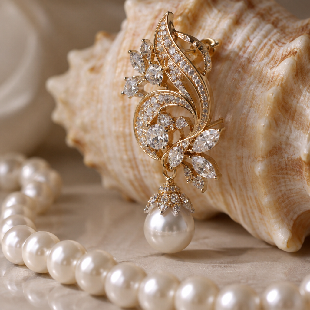 A women's ring, highly ornate, intricate and elaborate, richly detailed. Behind it is a sea shell and in front of it is a pearl necklace. It's not a ring. An earring worn in the ear
photorealistic jewelry design, A women's ring, highly ornate, intricate and elaborate, richly detailed. Behind it is a sea shell and in front of it is a pearl necklace. It's not a ring. An earring worn in the ear, modern style, just the design no text