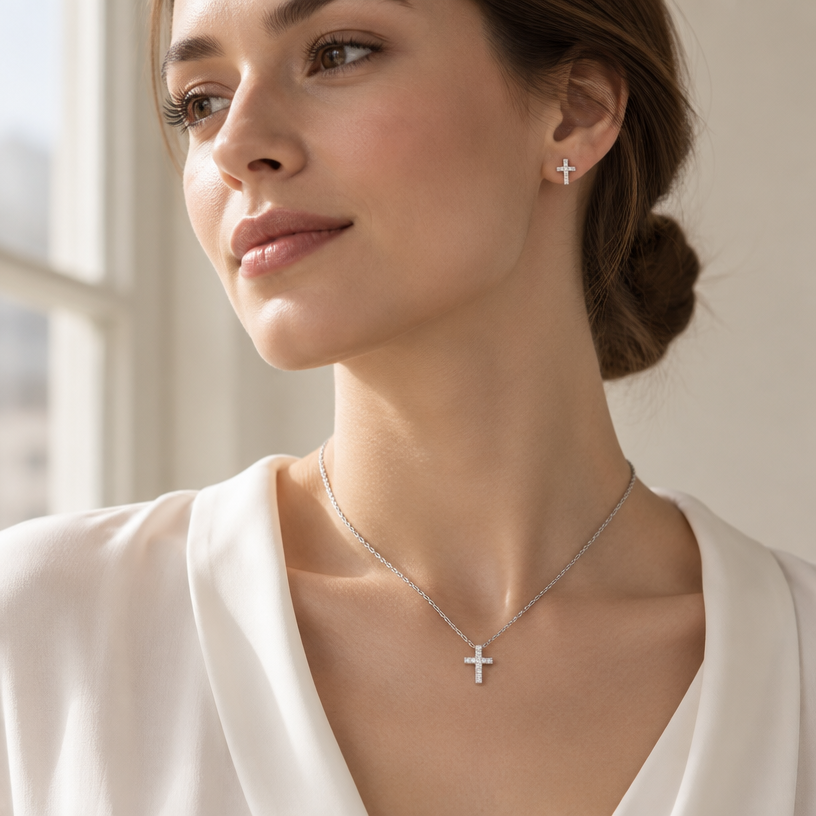 Jewelry photoshoot (worn)
Show the jewelry piece from the image worn by an elegant model in a professional editorial photograph, soft studio lighting. Reproduce the jewelry's exact design, metal, stones and details faithfully. Photorealistic, no text. Additional instructions: "Photorealistic, close-up editorial shot of an elegant young woman with soft, natural features, wearing a classic elegant blouse, standing near a large window with soft natural daylight gently illuminating her neck and collarbone, her head slightly tilted, chin gracefully lifted, her gaze calm and serene. Her hair is styled in a sleek low bun, fully exposing her neck and collarbone. She is wearing a delicate, minuscule sterling silver necklace featuring a small polished cross pendant, resting naturally at the base of her throat. Soft light creates a subtle gleam on the cross and her collarbone, with gentle shadow for depth. Minimalist neutral cream backdrop, shallow depth of field, sharp focus on the necklace and skin texture, soft bokeh elsewhere. 8k resolution, cinematic quality, luxury jewelry campaign aesthetic. Make sure the necklace chain stays as it is in the picture, meaning do not add any stones to it.
Jewelry scale note: the cross pendant must be small, delicate and realistically proportioned — not oversized or exaggerated, true to how fine jewelry actually looks in real life.".