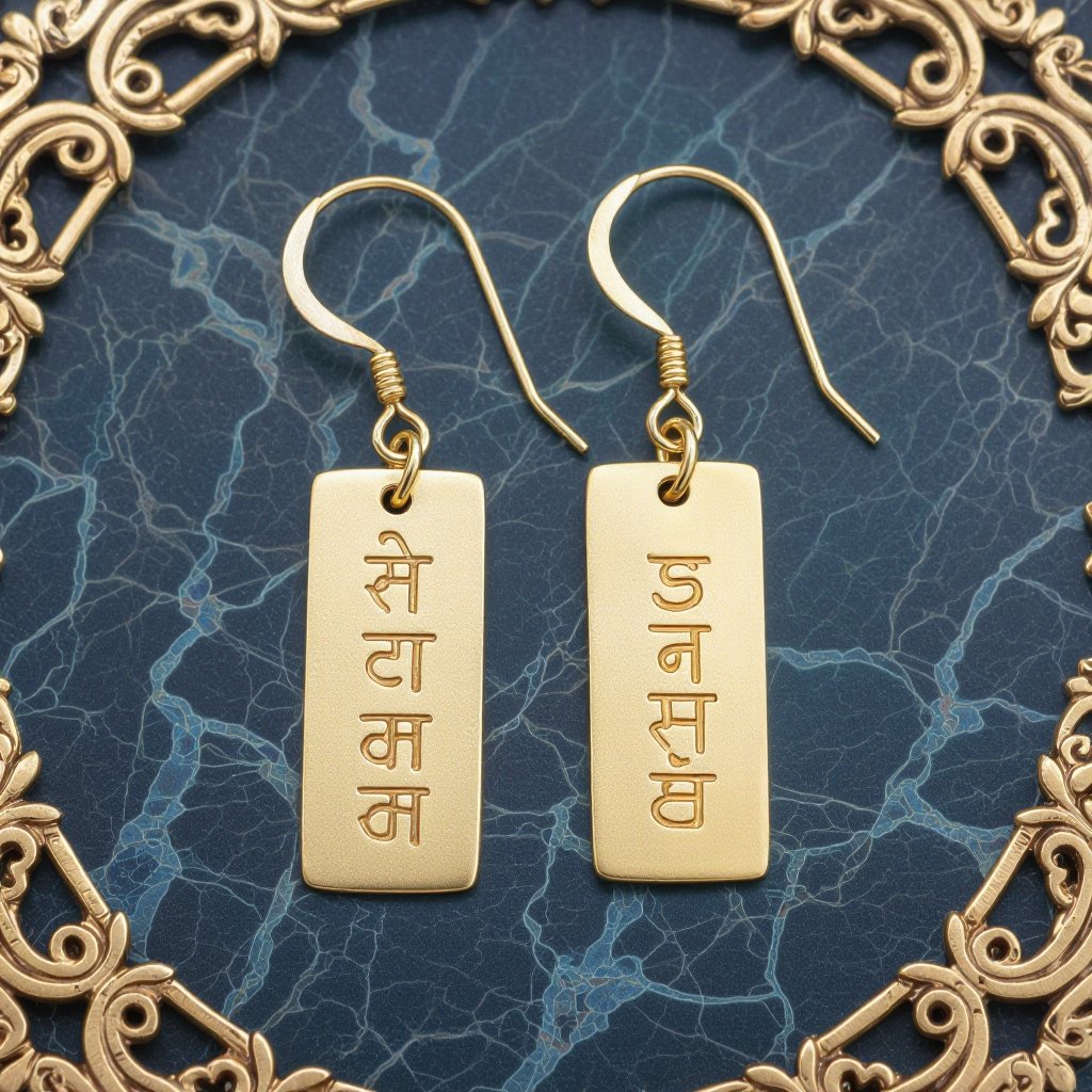 Золотые матовые серьги. На подвеска и виде тонкого длинного прямоугольника. На нем написана мантра Асатома на санскрите. 