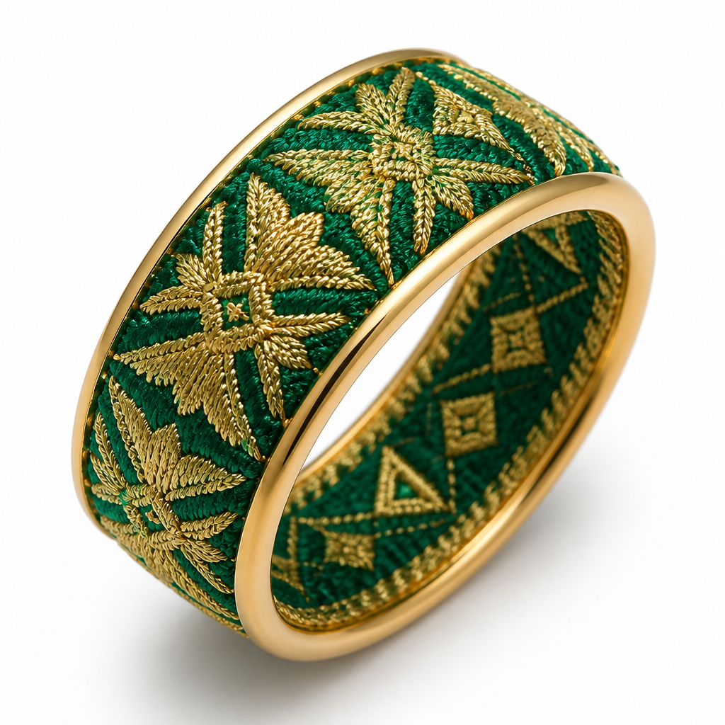 A women's ring. A unique luxury high jewelry bracelet inspired by authentic Balochi embroidery. The ring band itself is made from traditional Balochi embroidered fabric, wrapping completely around the finger as a full circular ring. The fabric is the main body of the ring, not a decoration placed on top.
The embroidered fabric is carefully enclosed and framed by a thin elegant 18k yellow gold structure surrounding the entire ring. The gold frame continues underneath the fabric as a strong and refined support base. The gold should look handcrafted, polished, luxurious and high quality.
The Balochi embroidery pattern contains only two colors: rich metallic gold thread and deep emerald green details. No other colors. The combination of golden embroidery and emerald green creates a royal Persian luxury feeling.
Persian heritage meets modern international high jewelry design. Elegant minimalist style, sophisticated craftsmanship, unique artistic concept for a luxury jewelry brand. Ultra realistic jewelry photography, macro close-up, realistic gold texture, detailed fabric embroidery, premium product presentation, white background, studio lighting.
No gemstones, no diamonds, no extra decorations, no colorful patterns. Focus only on the beauty of Balochi embroidered fabric, emerald green and gold colors, and the 18k yellow gold frame.
photorealistic jewelry design, A women's ring. A unique luxury high jewelry bracelet inspired by authentic Balochi embroidery. The ring band itself is made from traditional Balochi embroidered fabric, wrapping completely around the finger as a full circular ring. The fabric is the main body of the ring, not a decoration placed on top.
The embroidered fabric is carefully enclosed and framed by a thin elegant 18k yellow gold structure surrounding the entire ring. The gold frame continues underneath the fabric as a strong and refined support base. The gold should look handcrafted, polished, luxurious and high quality.
The Balochi embroidery pattern contains only two colors: rich metallic gold thread and deep emerald green details. No other colors. The combination of golden embroidery and emerald green creates a royal Persian luxury feeling.
Persian heritage meets modern international high jewelry design. Elegant minimalist style, sophisticated craftsmanship, unique artistic concept for a luxury jewelry brand. Ultra realistic jewelry photography, macro close-up, realistic gold texture, detailed fabric embroidery, premium product presentation, white background, studio lighting.
No gemstones, no diamonds, no extra decorations, no colorful patterns. Focus only on the beauty of Balochi embroidered fabric, emerald green and gold colors, and the 18k yellow gold frame., modern style, just the design no text