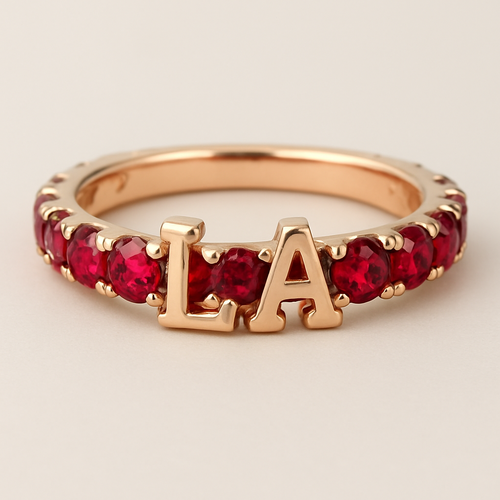 ruby ring with L and A letters 