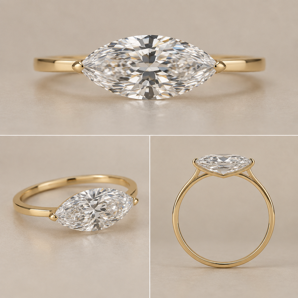 A women's ring, highly ornate, intricate and elaborate, richly detailed. High-end fine jewelry photorealistic rendering of a single 1.90 carat marquise-cut diamond mounted east-to-west on an exceptionally thin, flat 18k yellow-gold band. The diamond must dominate the design and appear almost floating when viewed from above.
Use an extremely minimal semi-bezel / concealed under-gallery construction. The east and west tips of the marquise are captured by two tiny, refined yellow-gold point claws that flow directly and continuously from the shank. The claws should hug the diamond's points extremely tightly without covering the face-up outline.
The crucial structural element is a very shallow, finely engineered gold support beneath the diamond's pavilion. This support forms a minimal cradle/under-gallery connecting the two sides of the ring and supporting the pavilion from below. It must be substantially concealed behind the diamond in the face-up view and become visible only in the 3/4 and true side views. It should be thin, elegant, and architectural—not a bulky basket.
Do NOT attempt to suspend the diamond using only two isolated prongs. The hidden under-gallery is necessary structural architecture. Do NOT create a random gold lump beneath the culet. The support must follow the geometry of the pavilion and look intentionally fabricated as part of the setting.
The band should transition smoothly into the east and west portions of the setting with no bulbous shoulders, upward hooks, decorative curves, or conventional four-prong/basket architecture. The face-up view should show essentially only the diamond, its two tiny point captures, and the thin flat gold band extending horizontally behind it.
The diamond's entire face-up outline must remain visually unobstructed. No halo, no side stones, no decorative metal, no large bezel surrounding the stone, no visible gallery from the front.
Show the exact same ring and exact same diamond in three views: (1) straight-on face-up view, (2) 3/4 view, and (3) true side/profile view. Maintain identical diamond proportions, orientation, scale, band width, and setting architecture across all three views.
In the side/profile view, clearly show that the marquise pavilion is supported by a shallow, continuous, physically plausible gold under-gallery/cradle while maintaining reasonable clearance between the pavilion and the finger. The support should be elegant and minimal, similar to a high-end custom semi-bezel setting, rather than a traditional raised basket.
Photorealistic high-end jewelry photography. Physically plausible jewelry construction. Realistic 1.90 ct marquise pavilion depth, realistic 18k gold thickness, realistic soldered/formed construction, secure stone retention, extremely refined proportions. Clean contemporary luxury, architectural minimalism, understated, no ornate details.
photorealistic jewelry design, A women's ring, highly ornate, intricate and elaborate, richly detailed. High-end fine jewelry photorealistic rendering of a single 1.90 carat marquise-cut diamond mounted east-to-west on an exceptionally thin, flat 18k yellow-gold band. The diamond must dominate the design and appear almost floating when viewed from above.
Use an extremely minimal semi-bezel / concealed under-gallery construction. The east and west tips of the marquise are captured by two tiny, refined yellow-gold point claws that flow directly and continuously from the shank. The claws should hug the diamond's points extremely tightly without covering the face-up outline.
The crucial structural element is a very shallow, finely engineered gold support beneath the diamond's pavilion. This support forms a minimal cradle/under-gallery connecting the two sides of the ring and supporting the pavilion from below. It must be substantially concealed behind the diamond in the face-up view and become visible only in the 3/4 and true side views. It should be thin, elegant, and architectural—not a bulky basket.
Do NOT attempt to suspend the diamond using only two isolated prongs. The hidden under-gallery is necessary structural architecture. Do NOT create a random gold lump beneath the culet. The support must follow the geometry of the pavilion and look intentionally fabricated as part of the setting.
The band should transition smoothly into the east and west portions of the setting with no bulbous shoulders, upward hooks, decorative curves, or conventional four-prong/basket architecture. The face-up view should show essentially only the diamond, its two tiny point captures, and the thin flat gold band extending horizontally behind it.
The diamond's entire face-up outline must remain visually unobstructed. No halo, no side stones, no decorative metal, no large bezel surrounding the stone, no visible gallery from the front.
Show the exact same ring and exact same diamond in three views: (1) straight-on face-up view, (2) 3/4 view, and (3) true side/profile view. Maintain identical diamond proportions, orientation, scale, band width, and setting architecture across all three views.
In the side/profile view, clearly show that the marquise pavilion is supported by a shallow, continuous, physically plausible gold under-gallery/cradle while maintaining reasonable clearance between the pavilion and the finger. The support should be elegant and minimal, similar to a high-end custom semi-bezel setting, rather than a traditional raised basket.
Photorealistic high-end jewelry photography. Physically plausible jewelry construction. Realistic 1.90 ct marquise pavilion depth, realistic 18k gold thickness, realistic soldered/formed construction, secure stone retention, extremely refined proportions. Clean contemporary luxury, architectural minimalism, understated, no ornate details., modern style, just the design no text