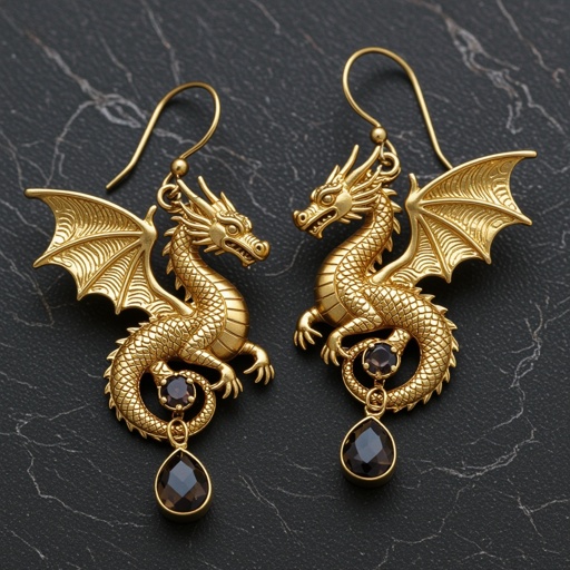 Золотые матовые серьги с изображением дракона узоры и камни мелкие раузтопаз