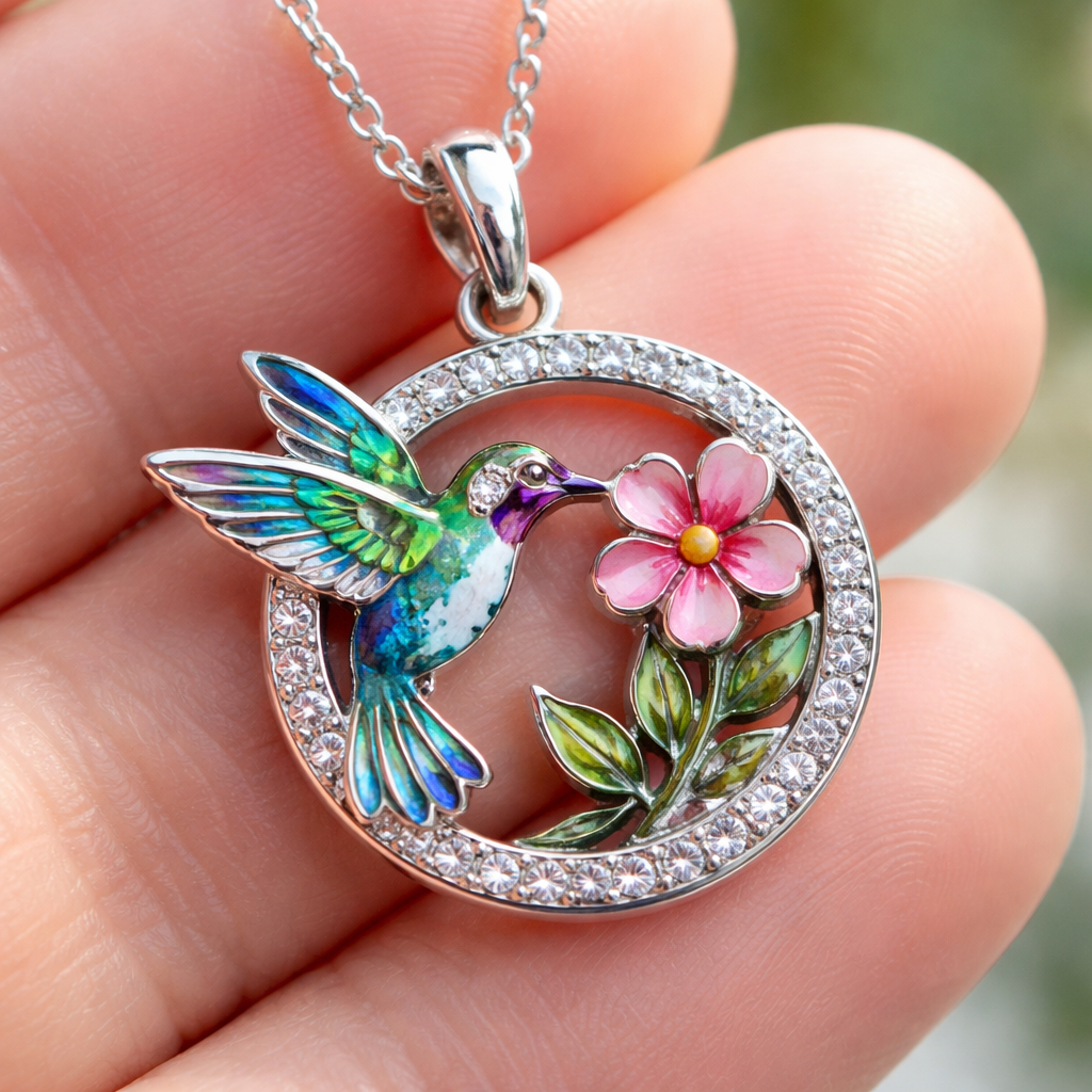 Panajachel guatemala Hummingbird Pendant charm enamel Necklace for Women Small Circle Hummingbird Necklace with Flower with stones