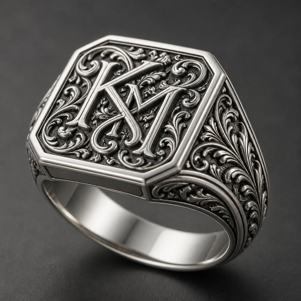 A renaissance men's ring made of silver suitable for daily wear, detailed and decorative, moderately ornate. un anillo de sello con iniciales km
photorealistic jewelry design, A renaissance men's ring made of silver suitable for daily wear, detailed and decorative, moderately ornate. un anillo de sello con iniciales km, renaissance style, just the design no text