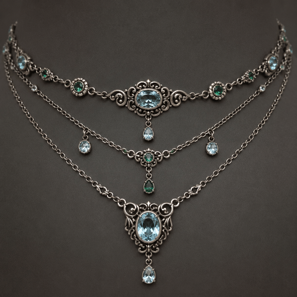 A vintage women's necklace made of silver with aquamarine and emerald and topaz stones suitable for daily wear. create a 3 chain vintage witch style choker
photorealistic jewelry design, A vintage women's necklace made of silver with aquamarine and emerald and topaz stones suitable for daily wear. create a 3 chain vintage witch style choker, vintage style, just the design no text