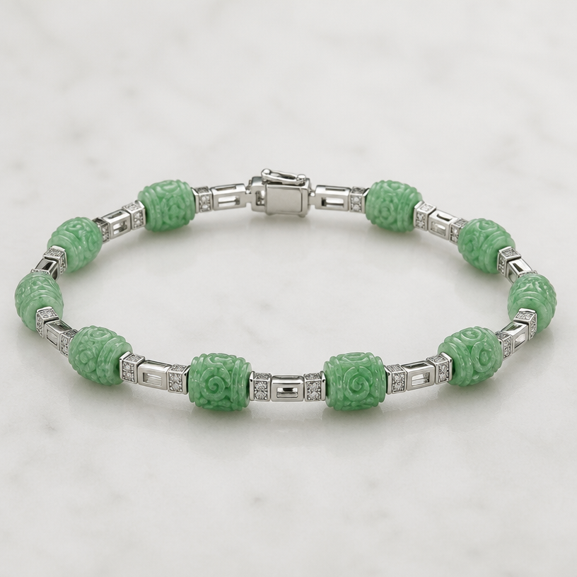 A art deco women's bracelet with diamond stones, ultra-minimalist, very simple and clean, understated, no embellishments. Create a 6-inch bracelet using the 12 beads shown in the attached picture. Each bead is 9.7 millimeters long.
using the attached image as a visual reference, create A art deco women's bracelet with diamond stones, ultra-minimalist, very simple and clean, understated, no embellishments. Create a 6-inch bracelet using the 12 beads shown in the attached picture. Each bead is 9.7 millimeters long.. photorealistic, just the design no text