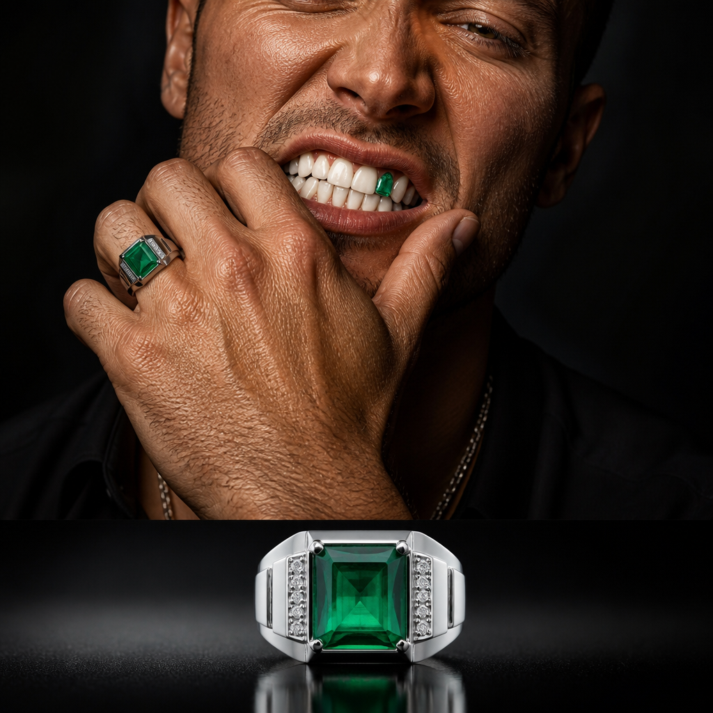 A men's ring with emerald stones. Fit emerald stone in his teeth and make for luxery loom
photorealistic jewelry design, A men's ring with emerald stones. Fit emerald stone in his teeth and make for luxery loom, modern style, just the design no text