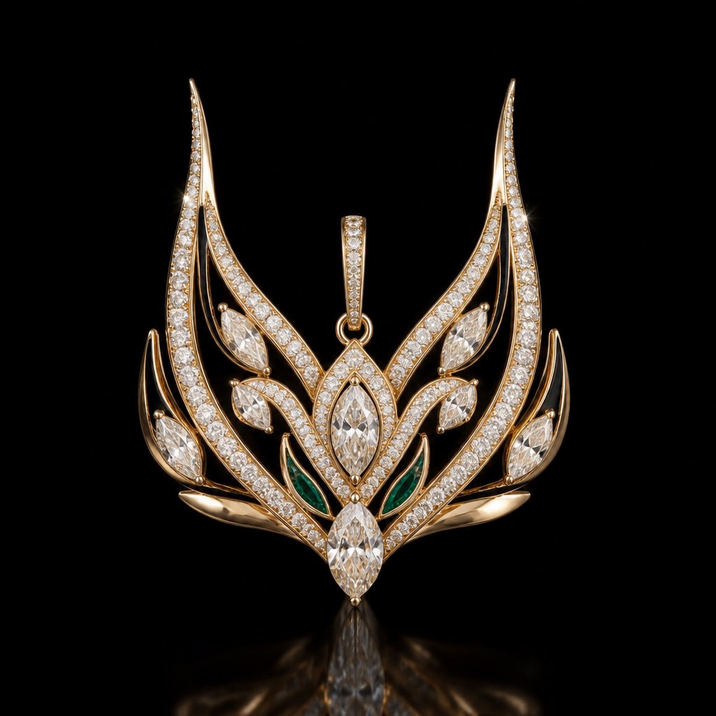 Design an iconic luxury jewelry symbol inspired exclusively by the distinctive ear tufts of the lynx (caracal), not the eyes, face, body, paw, or animal silhouette.
Create a completely original symbol that has never been seen before in luxury jewelry.
The design should abstract the lynx ears into elegant sculptural curves and architectural lines, transforming them into a timeless luxury emblem rather than an animal motif.
The symbol must feel mysterious, feminine, powerful, sophisticated, and instantly recognizable from a distance.
Avoid anything that looks tribal, cartoonish, sporty, aggressive, fantasy-inspired, or like a logo from gaming or streetwear brands.
The ear shapes should flow naturally into a precious jewelry form, creating a signature icon that could become the permanent symbol of a global luxury jewelry house.
Incorporate hidden negative space and subtle geometry that reveal new details upon closer inspection.
Materials:
* 18K champagne gold
* White pavé diamonds
* Marquise-cut diamonds
* Pear-cut diamonds
* Optional emerald accents
* Black enamel micro-details
Create the symbol as:
* A signature pendant
* Open ring
* Huggie earrings
* Bracelet charm
* Necklace clasp
* Luxury hallmark stamp
Design philosophy:
* Quiet luxury
* Old-money elegance
* High jewelry artistry
* Feminine strength
* Modern heirloom
* Collectible icon
Visual inspiration:
Imagine two lynx ear tufts dancing upward like a crown, a protective talisman, and a diamond flame at the same time.
The final design should feel as iconic and recognizable as the Cartier Panther, yet completely unique and owned by the DEEMA BAYYAA brand.
Photorealistic high-jewelry renderings, luxury campaign photography, black background, macro diamond details, museum-quality craftsmanship, ultra-premium presentation.
photorealistic jewelry design, Design an iconic luxury jewelry symbol inspired exclusively by the distinctive ear tufts of the lynx (caracal), not the eyes, face, body, paw, or animal silhouette.
Create a completely original symbol that has never been seen before in luxury jewelry.
The design should abstract the lynx ears into elegant sculptural curves and architectural lines, transforming them into a timeless luxury emblem rather than an animal motif.
The symbol must feel mysterious, feminine, powerful, sophisticated, and instantly recognizable from a distance.
Avoid anything that looks tribal, cartoonish, sporty, aggressive, fantasy-inspired, or like a logo from gaming or streetwear brands.
The ear shapes should flow naturally into a precious jewelry form, creating a signature icon that could become the permanent symbol of a global luxury jewelry house.
Incorporate hidden negative space and subtle geometry that reveal new details upon closer inspection.
Materials:
* 18K champagne gold
* White pavé diamonds
* Marquise-cut diamonds
* Pear-cut diamonds
* Optional emerald accents
* Black enamel micro-details
Create the symbol as:
* A signature pendant
* Open ring
* Huggie earrings
* Bracelet charm
* Necklace clasp
* Luxury hallmark stamp
Design philosophy:
* Quiet luxury
* Old-money elegance
* High jewelry artistry
* Feminine strength
* Modern heirloom
* Collectible icon
Visual inspiration:
Imagine two lynx ear tufts dancing upward like a crown, a protective talisman, and a diamond flame at the same time.
The final design should feel as iconic and recognizable as the Cartier Panther, yet completely unique and owned by the DEEMA BAYYAA brand.
Photorealistic high-jewelry renderings, luxury campaign photography, black background, macro diamond details, museum-quality craftsmanship, ultra-premium presentation., abstract style, just the design no text