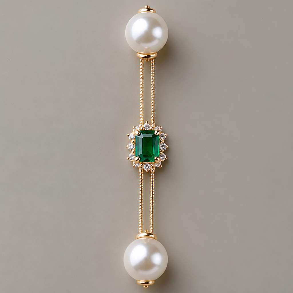 Pearls with emerald stones connecting vertically with thin double bands
photorealistic jewelry design, Pearls with emerald stones connecting vertically with thin double bands , pearls style, just the design no text