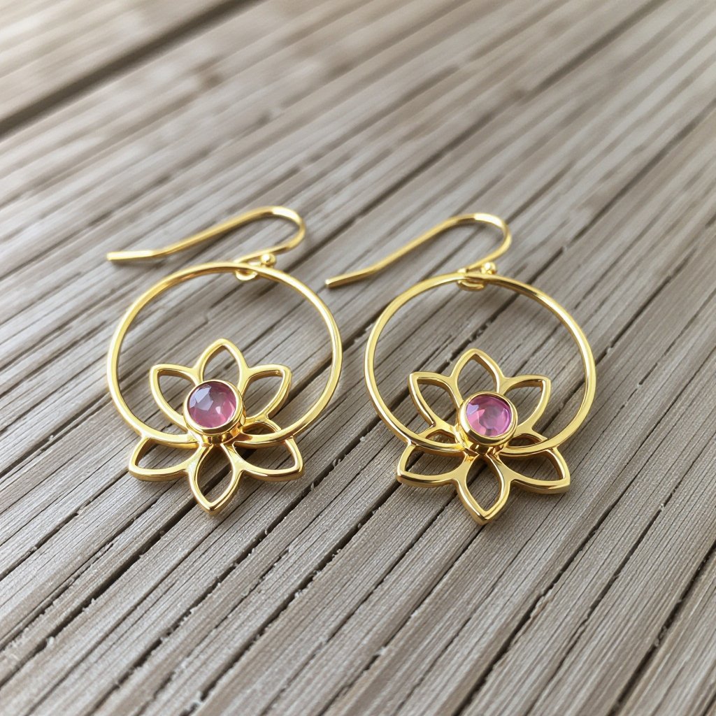 Серьги небольшие кольца,на серьгах в виде золотого лотоса шестью лепестками с маленьким розовым кварцем по центру
