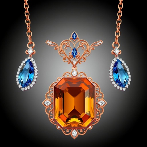 a 50 carat asscher-cut amber gemstone and 20 carat Navette-cut blue sapphire gemstone, FL IF clarity necklace