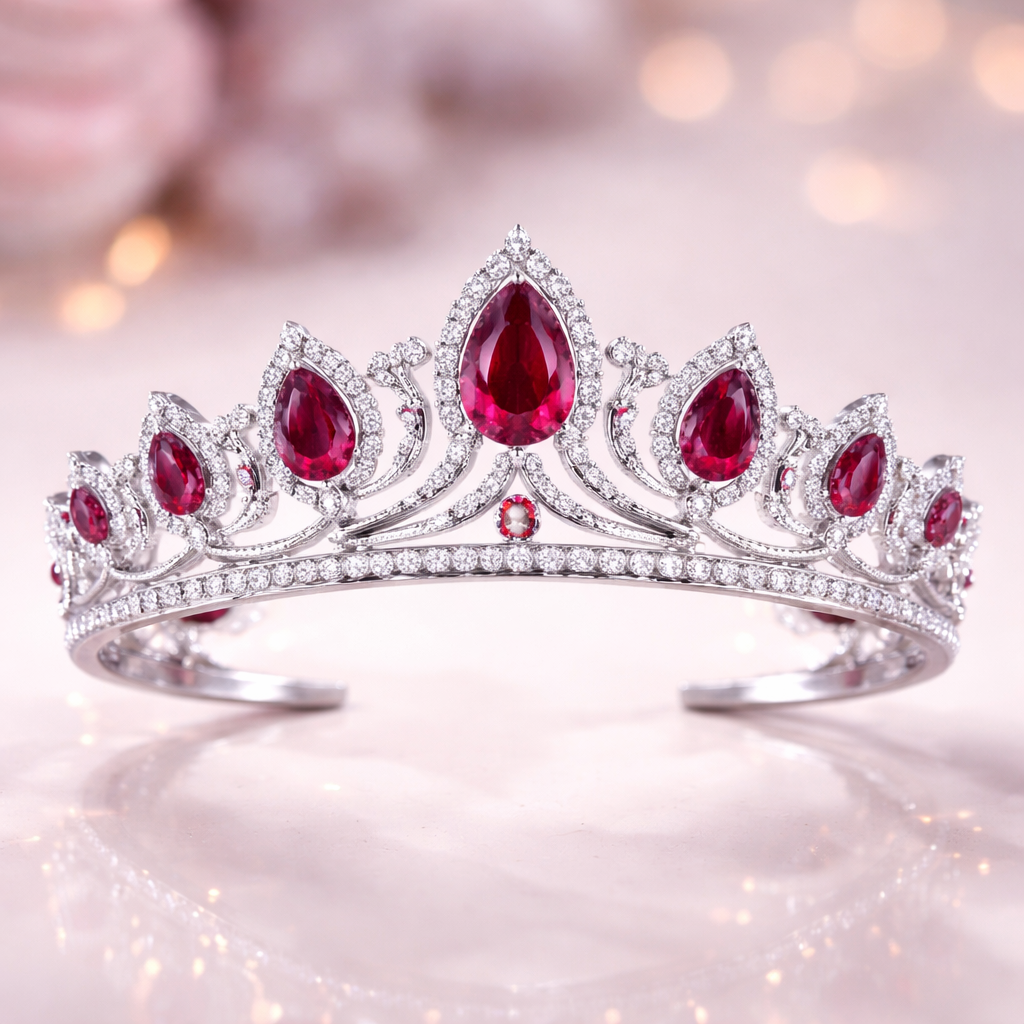 A modern women's tiara made of silver with ruby stones suitable for birthday. pulsera llamativa pero moderna y elegante
A modern women's tiara made of silver with ruby stones suitable for birthday. pulsera llamativa pero moderna y elegante, modern style