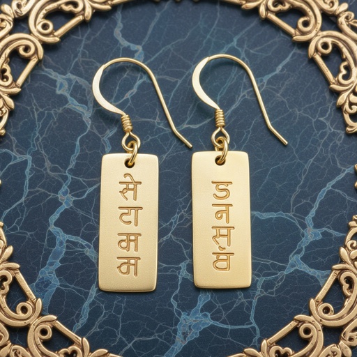 Золотые матовые серьги. На подвеска и виде тонкого длинного прямоугольника. На нем написана мантра Асатома на санскрите. 
