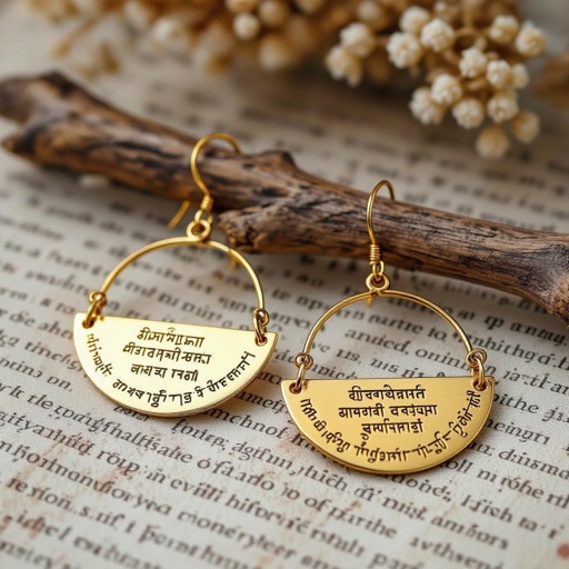 Серьги золотые в форме тонкого изящного полумесяца, полукруг как продолжение застежки, на полукруге надписи мантрами на санскрите
