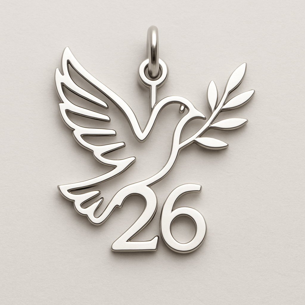 Silver cut-out charm blending together two spread out wings of a bird, an olive branch and  along year 26