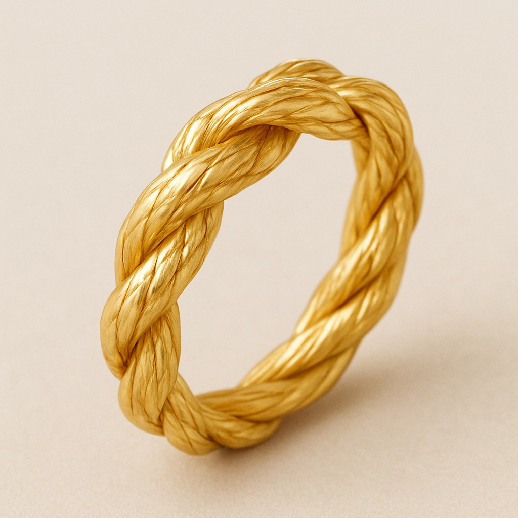 Yellow gold ring made to look like a piece of twine from a loaf of bread wrapped like a ring 