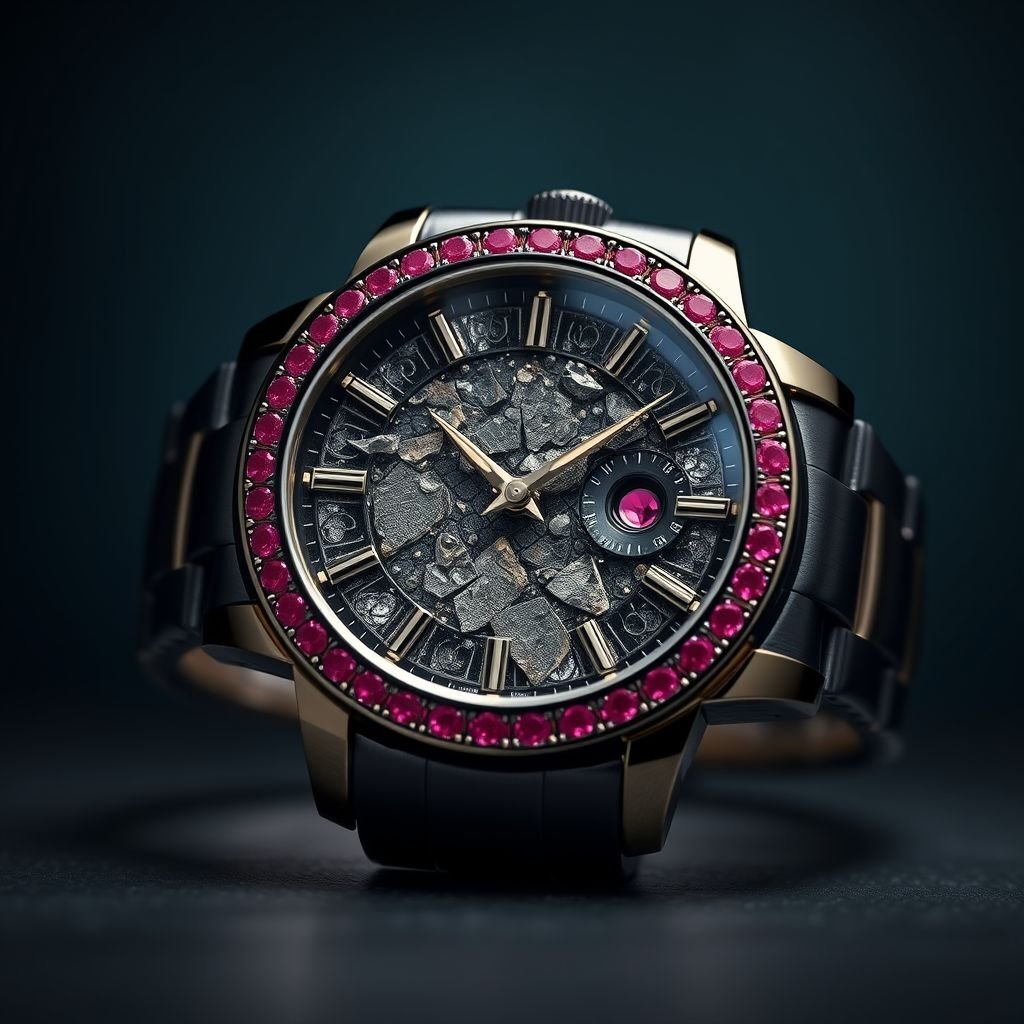 Create a male watch made of Fulgurite Fragments,black gold, rubies
Design an opulent men's watch that features exquisite Fulgurite fragments as the centerpiece, complemented by a sleek black gold case. The watch should elegantly incorporate sparkling rubies along the bezel and dial, enhancing its luxurious allure. Showcase intricate craftsmanship with bold design elements, embodying sophistication, power, and timeless elegance tailored for the modern gentleman.