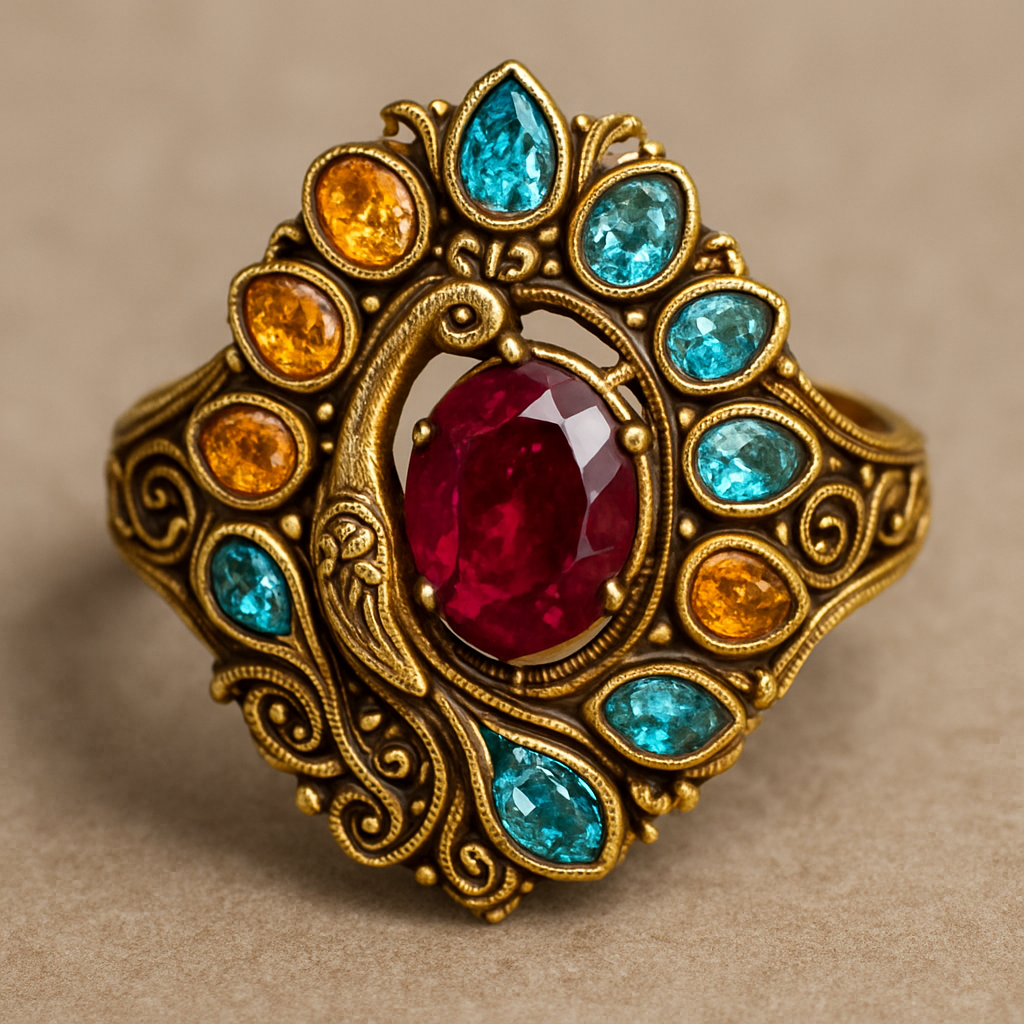 Ruby engagement ring with at least 10 citrine and topaz inlays with peacock themes