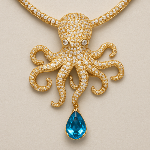 18k yellow gold octopus necklace covered in diamonds on diamond omega chain with pear shaped blue topaz dropping off octopus 