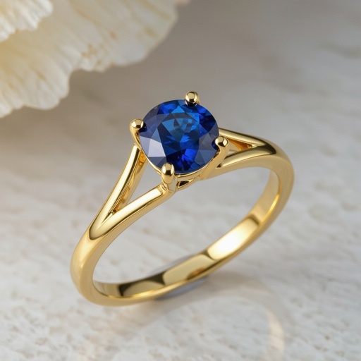 Gold ring with a round blue Sapphire set in prong setting