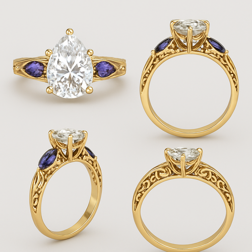 2 carat pear cut diamond with with claw prongs and marquise shaped alexandrite side stones set in a yellow filigree band with full design from all angles 
