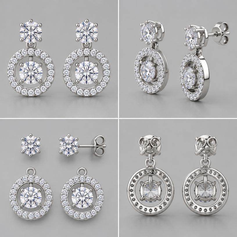A women's earrings. ตามแบบที่แนบไป สามารถถอดออกเป็นชิ้นๆ ได้, 4 view
using the attached image as a visual reference, create A women's earrings. ตามแบบที่แนบไป สามารถถอดออกเป็นชิ้นๆ ได้, 4 view. photorealistic, just the design no text