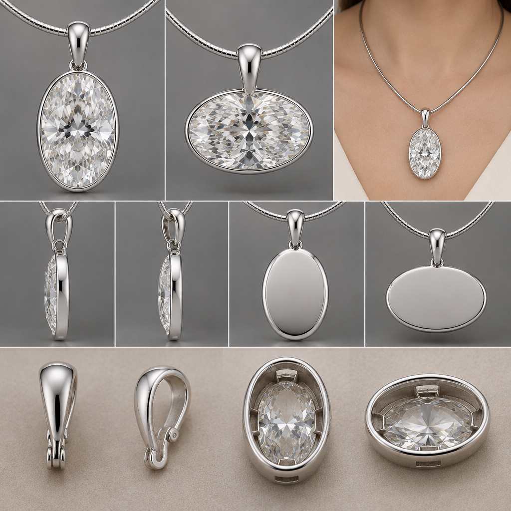 Design Request: 2-Way Convertable Bezel Pendant (North-South & East-West)
Main Stone Setting (Bezel):
Set the 7.04ct oval diamond in a sleek, ultra-slim plain bezel setting.
No visible loops, jump rings, or prongs should be attached to the outer perimeter of the bezel. The entire oval silhouette must remain 100% clean and smooth from all angles.
Hidden Dual-Direction Connection System (Inner-Wall Design):
To enable both vertical (North-South) and horizontal (East-West) wear with an omega chain, do not attach rings to the outside.
Instead, embed recessed internal metal bars (inner-wall bars) inside the back gallery/inner wall at the 12 o'clock position (for vertical wear) and the 3 o'clock position (for horizontal wear).
These internal bars must be completely hidden from front, side, and back views.
Enhancer Bail (Detachable Clip):
Use a plain, highly polished solid white gold teardrop bail (no pavé diamonds or decorative stones).
The bottom hook of the bail must directly latch and lock securely onto the hidden internal bars at the back of the bezel. There should be no intermediate O-rings or dangling links.
Overall Structure:
Ensure the pendant drops slightly below the omega chain with a graceful, feminine movement while keeping a low profile that prevents tilting or flipping.
photorealistic jewelry design, Design Request: 2-Way Convertable Bezel Pendant (North-South & East-West)
Main Stone Setting (Bezel):
Set the 7.04ct oval diamond in a sleek, ultra-slim plain bezel setting.
No visible loops, jump rings, or prongs should be attached to the outer perimeter of the bezel. The entire oval silhouette must remain 100% clean and smooth from all angles.
Hidden Dual-Direction Connection System (Inner-Wall Design):
To enable both vertical (North-South) and horizontal (East-West) wear with an omega chain, do not attach rings to the outside.
Instead, embed recessed internal metal bars (inner-wall bars) inside the back gallery/inner wall at the 12 o'clock position (for vertical wear) and the 3 o'clock position (for horizontal wear).
These internal bars must be completely hidden from front, side, and back views.
Enhancer Bail (Detachable Clip):
Use a plain, highly polished solid white gold teardrop bail (no pavé diamonds or decorative stones).
The bottom hook of the bail must directly latch and lock securely onto the hidden internal bars at the back of the bezel. There should be no intermediate O-rings or dangling links.
Overall Structure:
Ensure the pendant drops slightly below the omega chain with a graceful, feminine movement while keeping a low profile that prevents tilting or flipping., pendant style, just the design no text