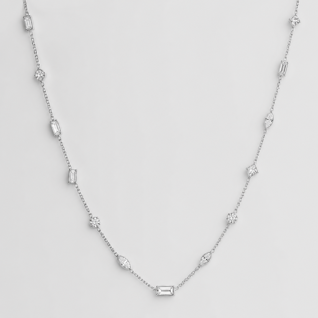 Various shape melee diamonds in station necklace
photorealistic jewelry design, Various shape melee diamonds in station necklace, modern style, just the design no text