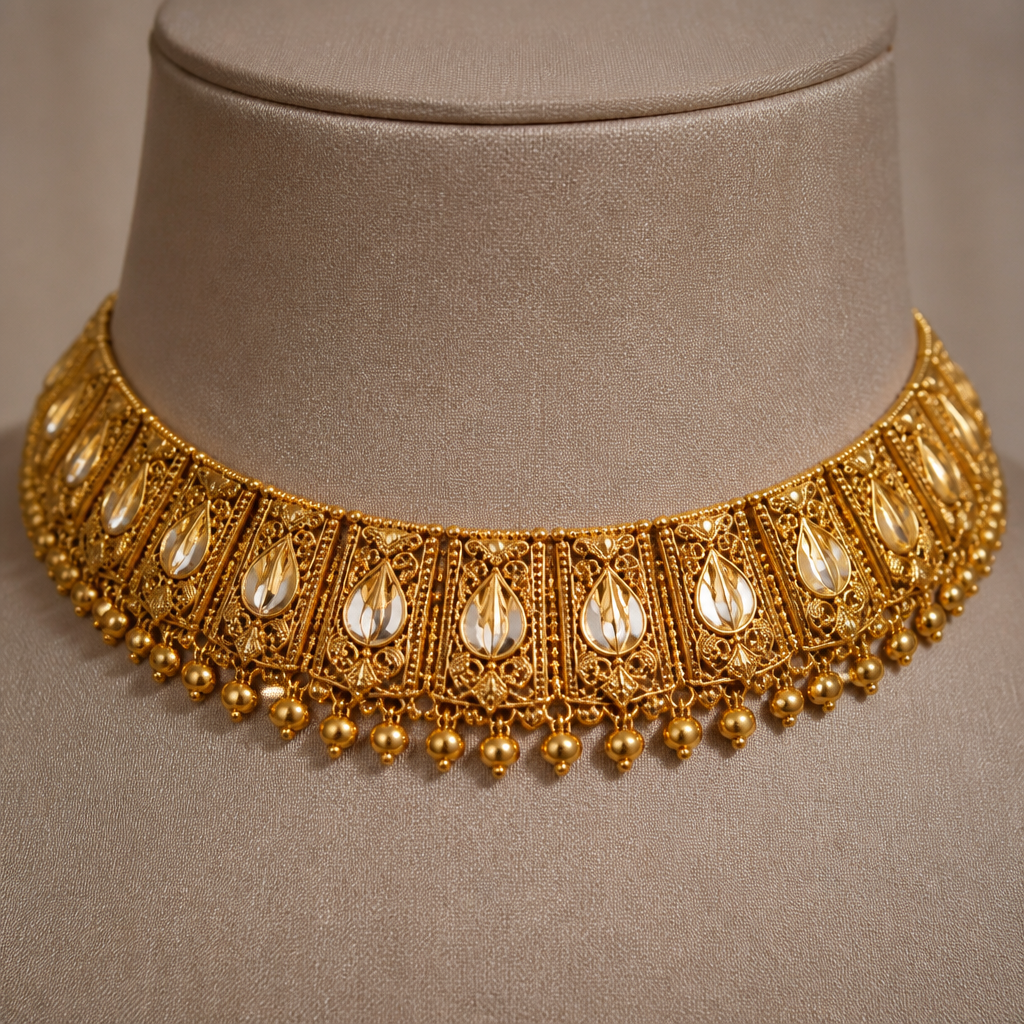 I want gold indian choker but it should be very smart
photorealistic jewelry design, I want gold indian choker but it should be very smart , just the design no text