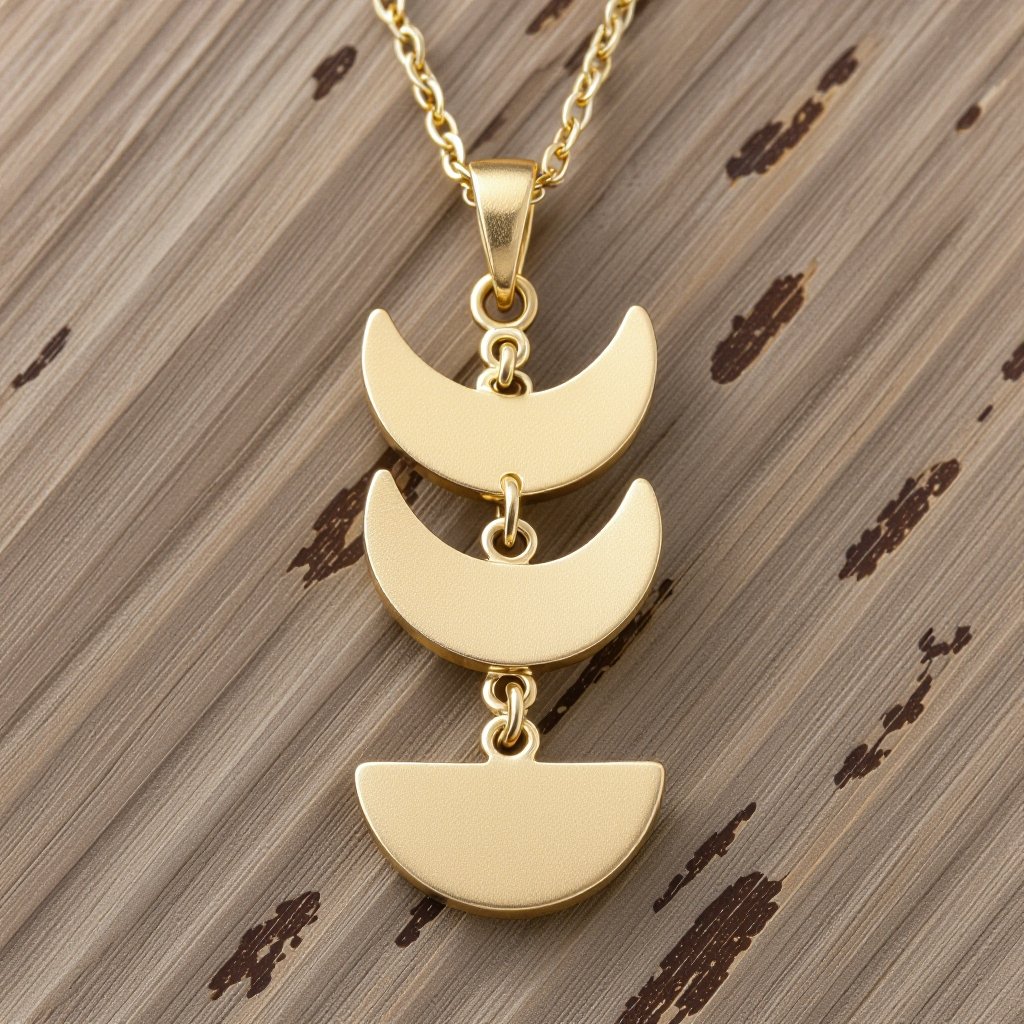 Подвеска из трех полумесяцев из матового неровного светлого золота с узорами соединенных цепочкой сверху самый широкий полукруг дальше средний и снизу самый маленький