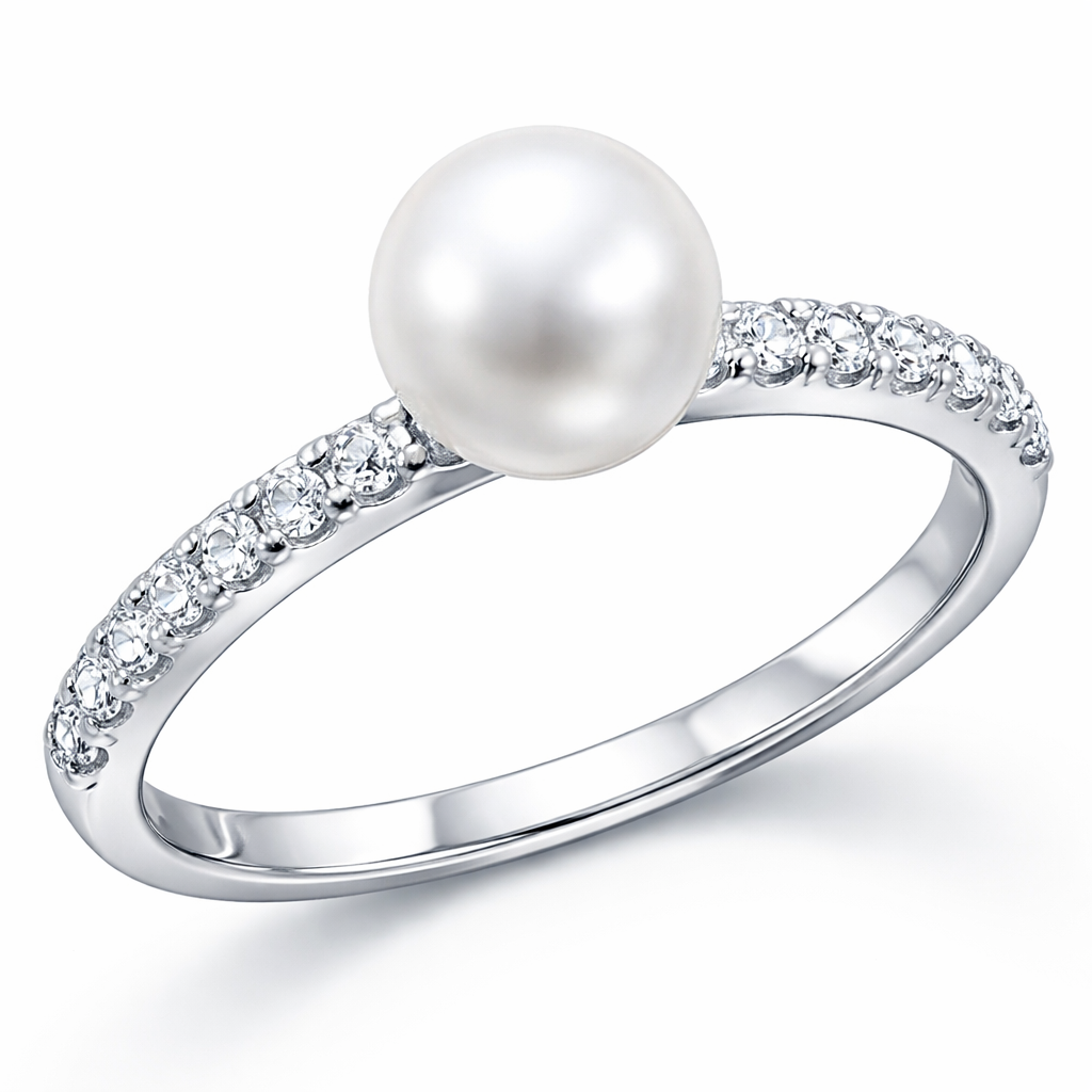 Single white pearl with moissiante going down the band and 10k white