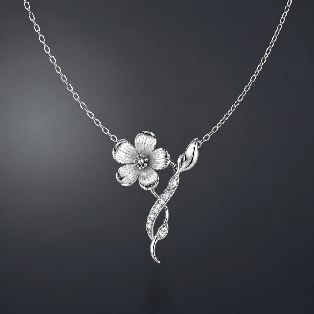 A women's necklace made of silver. hibicus fine et delicat
photorealistic jewelry design, A women's necklace made of silver. hibicus fine et delicat, modern style, just the design no text