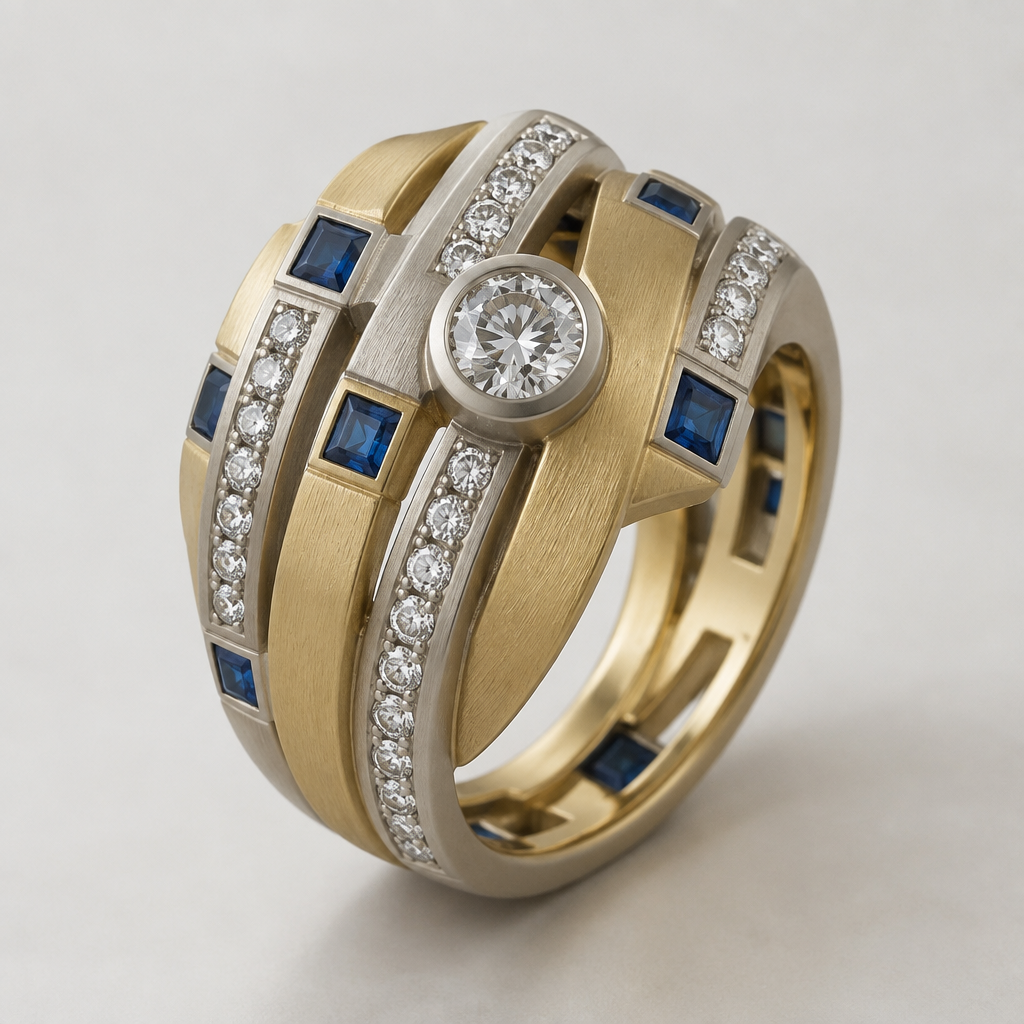 A statement women's ring made of mixed metal with diamond and sapphire stones. design ring using 33 .10 carat diamonds, 7 .10 carat square sapphires, and one .50 carat round diamond. metals should be white and yellow gold with a matte finish. do not cluster gems.
photorealistic jewelry design, A statement women's ring made of mixed metal with diamond and sapphire stones. design ring using 33 .10 carat diamonds, 7 .10 carat square sapphires, and one .50 carat round diamond. metals should be white and yellow gold with a matte finish. do not cluster gems., statement style, just the design no text