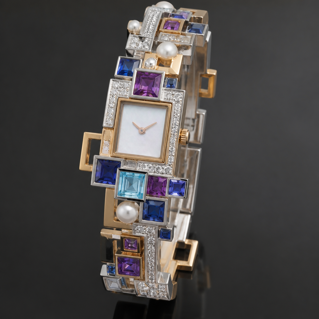 A geometric women's watch made of mixed metal with amethyst and sapphire and aquamarine and diamond and pearl stones suitable for birthday