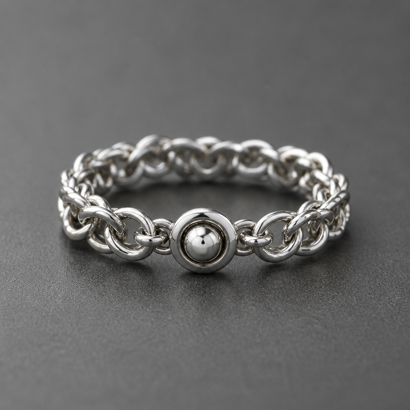 A women's ring. 鋼製手鏈
using the attached image as a visual reference, create A women's ring. 鋼製手鏈. photorealistic, just the design no text