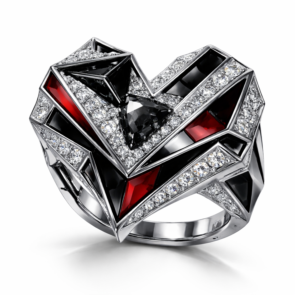 Geomatric ring of egdes and architecture shapes and bold of diamonds black and white and red of white background of edgy style and elements shape heart