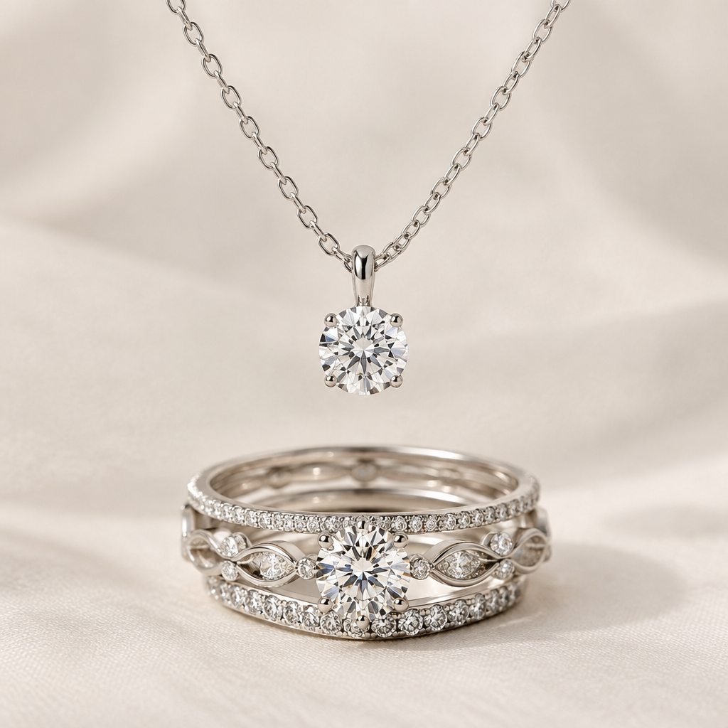 A stackable women's ring, detailed and decorative, moderately ornate. 單顆明亮式切割白鑽項鍊
photorealistic jewelry design, A stackable women's ring, detailed and decorative, moderately ornate. 單顆明亮式切割白鑽項鍊, stackable style, just the design no text