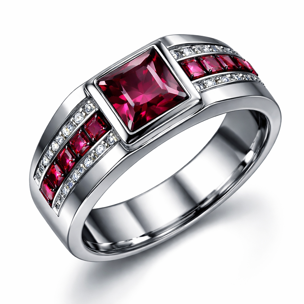 A modern men's ring made of silver with ruby stones suitable for engagement
A modern men's ring made of silver with ruby stones suitable for engagement, modern style
