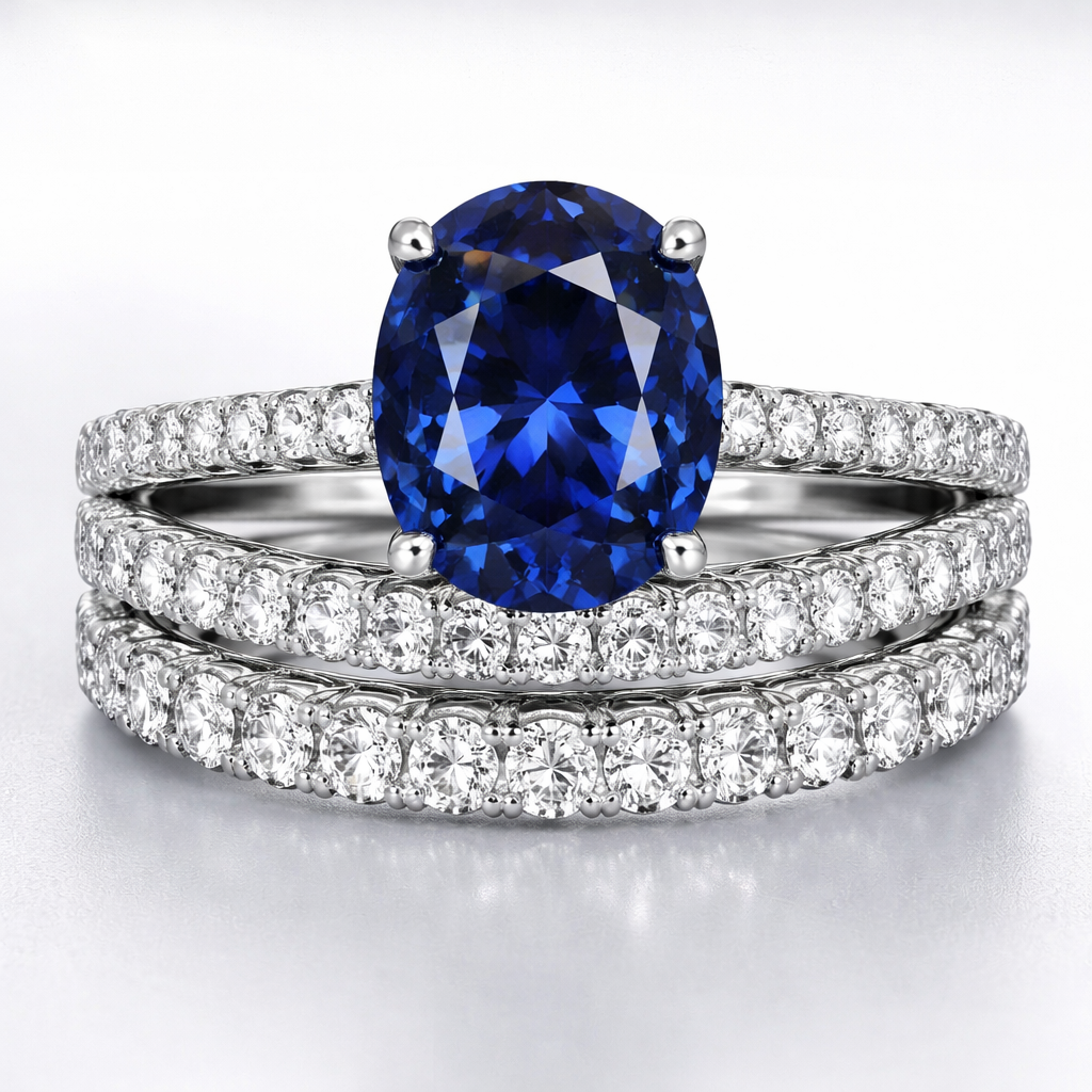 I want a 5-6 ct deep blue lab grown oval sapphire with lab grown diamonds going down the wedding band and no rail with a hidden halo and 4 to 6 prong setting raised above the bands and two more wedding bands attached to the original ring with lab grown diamonds also going down the band and 10k white for the metal