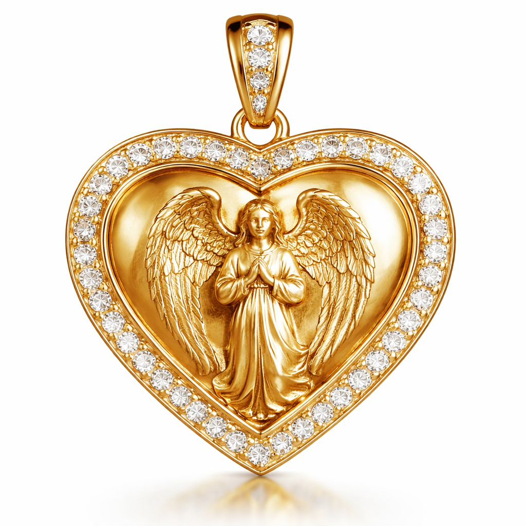 Gold heart pendant with guardian angel on surface and Pavé diamond border around heart, gold bale
Gold heart pendant with guardian angel on surface and Pavé diamond border around heart, gold bale, bespoke style