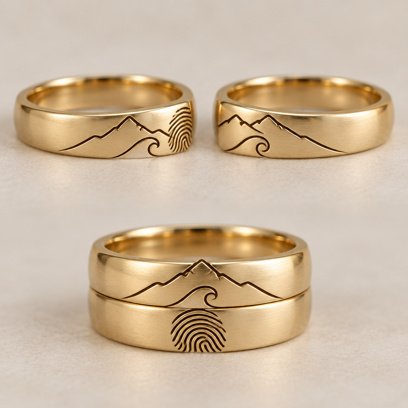 A women's ring. el primer dibujo es una montaña el segundo es una bola y el tercero es una huella digital cuando los dos anillos se unen se forman los dibujos.. la montaña mitad y mitad en cada anillo y lo mismo con la ola y lo mismo con la huella
using the attached image as a visual reference, create A women's ring. el primer dibujo es una montaña el segundo es una bola y el tercero es una huella digital cuando los dos anillos se unen se forman los dibujos.. la montaña mitad y mitad en cada anillo y lo mismo con la ola y lo mismo con la huella. photorealistic, just the design no text