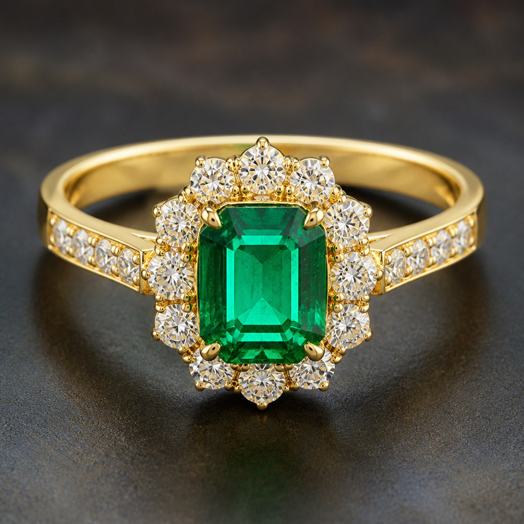 A classic women's ring made of gold with emerald and diamond stones suitable for party
photorealistic jewelry design, A classic women's ring made of gold with emerald and diamond stones suitable for party, classic style, just the design no text
