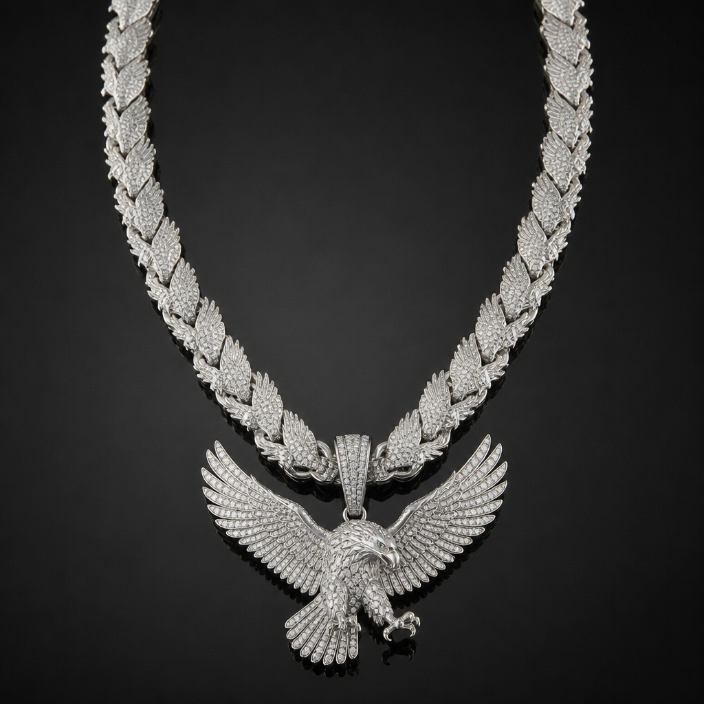 A modern men's necklace made of silver with diamond stones suitable for party. crea una cadena con 24 pulgadas iced out con plata CZ y que todas las partes de la cadena sean águilas con sus colores respectivos osea los colores de la aguila blanca que todo sea águila el mango el dije todo
photorealistic jewelry design, A modern men's necklace made of silver with diamond stones suitable for party. crea una cadena con 24 pulgadas iced out con plata CZ y que todas las partes de la cadena sean águilas con sus colores respectivos osea los colores de la aguila blanca que todo sea águila el mango el dije todo, modern style, just the design no text